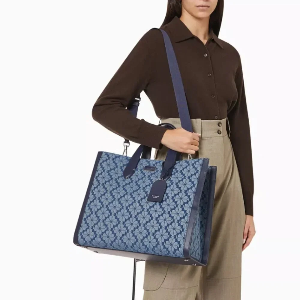 Kate Spade Jacquard Denim Large Manhattan Tote Bag Blue Flower Shoulder Strap - Picture 6 of 13